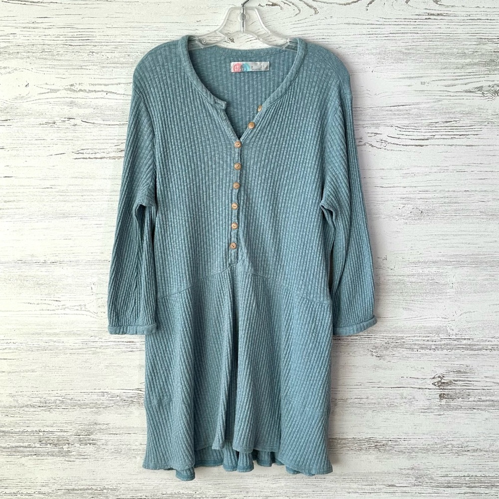 FREE PEOPLE BEACH Blossom Ribbed Knit Oversized Button Up Mini Dress Blue S